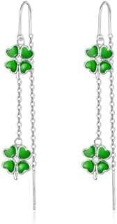 PRAYMOS Sterling Silver Clover Dangle Earrings with French Wire and Cubic Zirconia for Women, Four Leaf Clover Design
