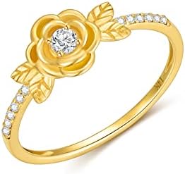 Diamond-Studded 14K Yellow Gold Rose Flower Ring for Women by SISGEM - Romantic Engagement/Wedding Band - Beautiful Anniversary/Birthday Gift