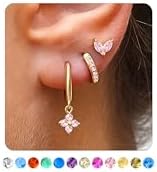 3 Pairs Dainty Gold/Silver Three Hole Birthstone Earrings Set for Multiple Piercing Non Tarnish 14k Gold Plated Hypoallergenic Cartilage Small Hoop Stud Earrings Stacks Set for Women Birthday Gifts