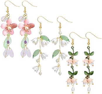 Charming Push-back Flower Dangle Earrings with Pearl and Cubic Zirconia for Women - Stainless Steel Long Floral Design
