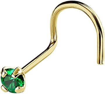 Jewelry Avalanche 22G Solid 14Kt Gold Nose Screw Stud with Prong Set real Emerald Gemstone, 14kt Yellow Gold or 14kt White Gold - May Birthstone Nose Ring