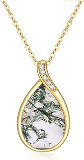 YDD 14k Solid Gold Natural Moss Agate Necklace for Women Dainty Pear-Shape Teardrop Pendant Moss Agate with Genuine Diamond Necklace Natural Moss Agate Jewelry Gifts for Her 16"-18"