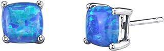 Peora 14K White Gold Created Blue Fire Opal Stud Earrings for Women, Hypoallergenic Solitaire, 1 Carat total Cushion Cut 6mm, October Birthstone, Friction Back