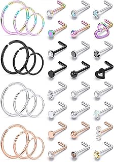 18G 20G 22G Nose ring Studs Surgical Steel L Shaped Nose Studs Nose Rings Hoop Diamond Heart Cute Hypoallergenic Nostril Piercing Jewelry Silver Rose Gold Black Rainbow Nose Jewelry