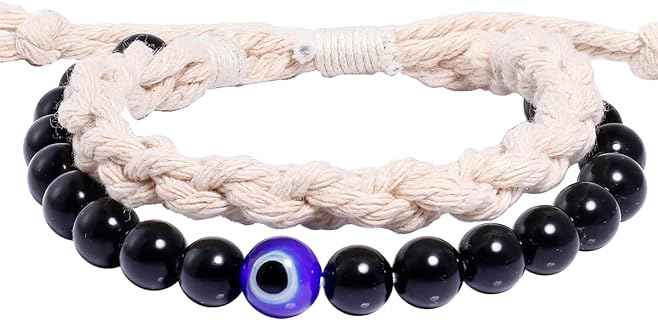 Evil Eye Beaded Bracelets Layered Obsidian Beads Cotton Rope Handmade Braided Adjustable Protection Good Luck Amulet Healing Crystals Bracelet for Women and Men