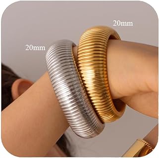 Gold Chunky Stretch Snake Chain Bangle Bracelets Stack for Women Trendy, 18K Gold Filled Stainless Steel Stretchy Womens Stackable Wristband Bangles Bracelet Set of 2