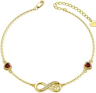 Lobster Claw Clasp Ruby Anklet with Sterling Silver Rolo Chain and Cubic Zirconia Gems for Women - Infinity Heart Design