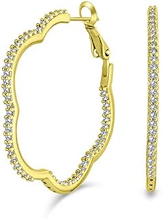Flower Shaped Pave CZ Cubic Zirconia Large Clover Hoop Earrings Hoop Earrings For Women 14k Yellow Gold Silver Plated Brass 1.5 Inch Diameter