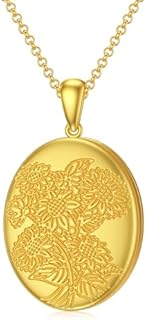 SOULMEET 10K 14K 18K Solid Gold/Plated Gold Oval Locket That Holds Pictures Personalized Oval Sunflower/Starburst/Rose Locket With Solid Gold Chain Gift