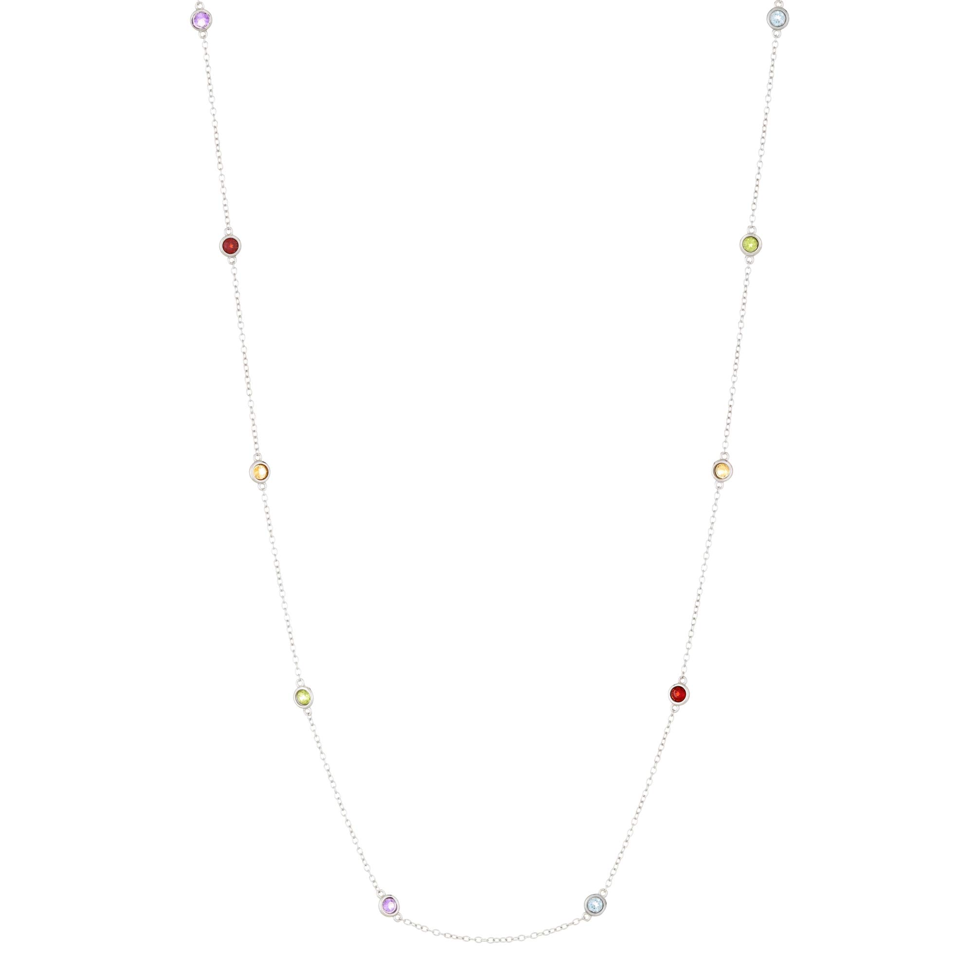 Lobster-Claw Clasp 925 Sterling Silver Necklace with Multicolored Round Natural Gemstones on a Specialty 24-inch Chain for Women - The Lavari 12 Stations Design