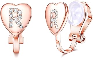 FUNRUN JEWELRY Heart Initial Clip on Stud Earrings for Women Rose Gold Plated Dainty Alphabet Letters A-Z Stud Earrings Non Pierced Stud Earrings