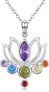 TANGPOET 7 Chakra Necklace for Women 925 Sterling Silver Lotus Flower Pendant Spiritual Healing Jewelry Reiki Meditation Gifts for Her Yoga Lovers on Birthday Christmas with 18"+2" Chain