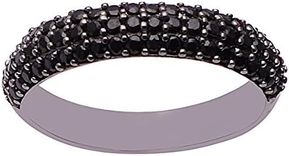 Elegant Black Spinel Engagement Ring with Trio Set Design for Unisex, Half Eternity Sterling Silver Stackable Size 8