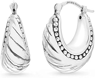 Sterling Silver Oxidized Tribal Hoop Earrings with Hinged Clasp for Women, U-Shaped Design, Polished Puffy Beaded Rim, No Gemstone, Made in Thailand