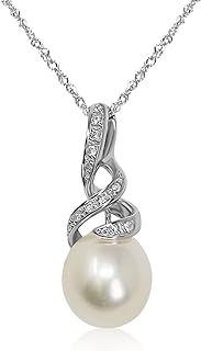 Lobster Clasp Freshwater Pearl Pendant Necklace in 14K White Gold with Twister Rope Chain, Accented by Sparkling Diamonds - Elegant Gift for Her - Divine Drop Design