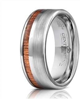 Premium Leather Wedding Ring - Men's Silver Tungsten Carbide Band With Sophisticated Koa Wood Design - For Stylish Gents, Includes Silicon Band, Leather Pouch, Luxury Walnut Ring Box