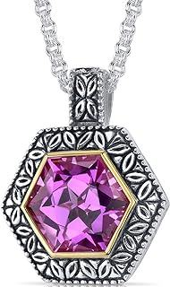 PEORA Sterling Silver 10 Carats Created Pink Sapphire Pendant Necklace, Pretty Vintage Two-Tone Design, Hexagon Shape with 18 inch Chain