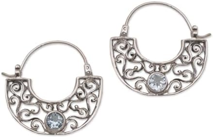 NOVICA Artisan Handcrafted Blue Topaz Hoop Earrings Sterling Silver Filigree Indonesia Placid Serenity Birthstone [1.1 in L x 1.1 in W x 0.1 in D] ' Blue Jasmine'