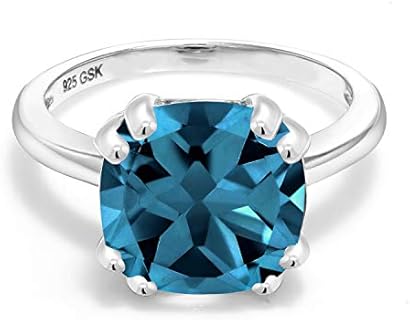Gem Stone King 925 Sterling Silver London Blue Topaz Engagement Double Prong Ring For Women (4.35 Cttw, 10MM Cushion Cut, Gemstone Birthstone, Available 5,6,7,8,9)