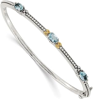 Sterling Silver & 14kt Yellow Gold Sky Blue Topaz 3-Stone Bangle Bracelet for Women, 7.25 inches x 3mm - Elegant Antiqued Design