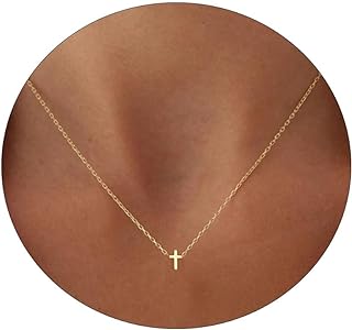 Lobster Clasp Gold Plated Choker Necklace with Small Cross Pendant for Women, Cable Chain, Zircon Gem, Simple Yet Elegant Design