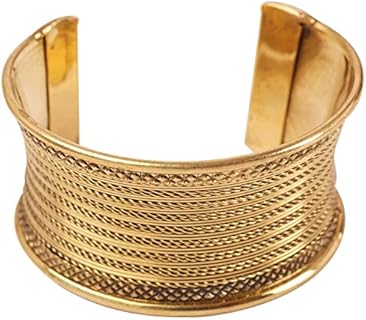 Touchstone New Indian Bollywood Desire Brass Base Exotic Workmanship Finely Placed Hammered Wire Stylish Wrist Enhancer 1.25 Inches Free Size Cuff Bracelet in Antique Gold Tone for Women.