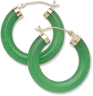 Saddle-Back Solid 14K Yellow Gold Green Jade Hoop Earrings for Women and Teens by JewelryWeb - Statement Hoop Design