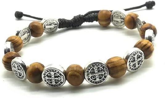 Wooden Catholic Beaded Bracelet Featuring St Benedict Medals and Alloy Snake Chain with Slide Clasp - Spiritually Inspired Adjustable Jewelry Design from Bosnia and Herzegovina