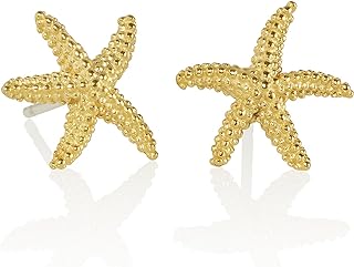 Push Back Starfish Stud Earrings for Women - Unique Brushed Finish, Gold-Plated-Brass Ocean Jewelry, Silver Metal Type - Stunning Gift Box Included