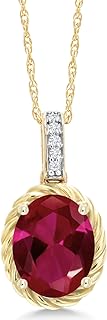 Gem Stone King 10K Yellow Gold Red Created Ruby and White Diamond Pendant Necklace For Women (2.04 Cttw, Oval 9X7MM, with 18 Inch Chain)