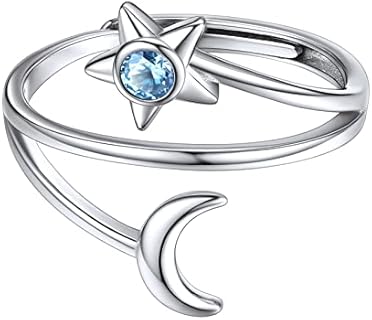 Stackable Moon and Star Adjustable Birthstone Ring with Cubic Zirconia for Women - 925 Sterling Silver