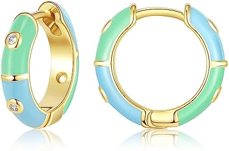 Women's KissYan 14K Gold Plated Huggie Enamel Hoop Earrings with Cubic Zirconia and Clip-On Clasp