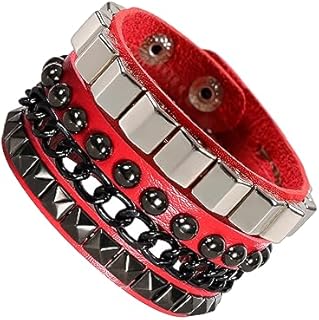 Punk Gothic Unisex PU Leather Spike Cuff Bracelet with Snake Chain and Snap Clasp - Adjustable Black Studded Wristband