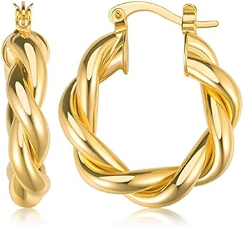 NOKMIT Twisted Hoop Earrings for Women 18K Gold Plated Open Thick Rope Round Chunky Hoops Lightweight High Polished Gold Hoop Earrings Gifts