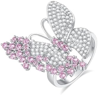 Kokoma Cubic Zirconia Butterfly Ring for Women Girls Sparkling Crystal Pink Rhinestone Open Statement Rings Wrap Finger Band Engagement Promise Rings