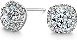 Spring Ring Platinum-Plated Cable Chain Swarovski Cushion Halo Earrings - Elegant Gift for Women or Girls