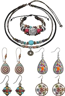 Hicarer Leather Necklace Bead Choker Adjustable Vintage Turquoise Necklace Handmade Woven Beaded Bracelet with 4 Pairs Bohemian Vintage Dangle Earrings Jewelry for Women
