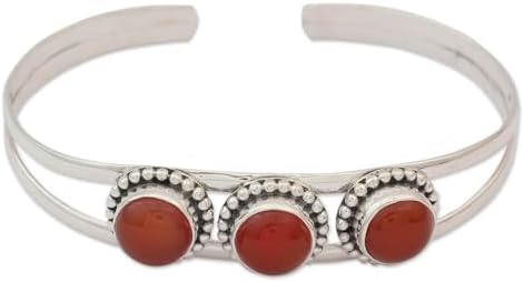 NOVICA Artisan Handmade Carnelian Cuff Bracelet Sterling Silver Red India Aurora Marsala Birthstone [6.25 in L (end to End) x 0.6 in W] ' Delightful'