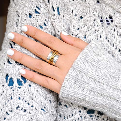 925 Sterling Silver Band Ring for Women with Brass Wrap Wide Statement Ring