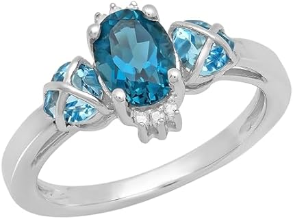 Dazzlingrock Collection 7X5mm Oval London & Heart Swiss Blue Topaz with Round White Diamond 3 Stone Engagement Ring in 925 Sterling Silver