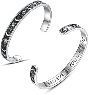 Sun Moon Star Cuff Bracelet - Stainless Steel Mantra Engraved Bangle - Inspirational Jewelry Gifts for Mom Daughter Sister Friends