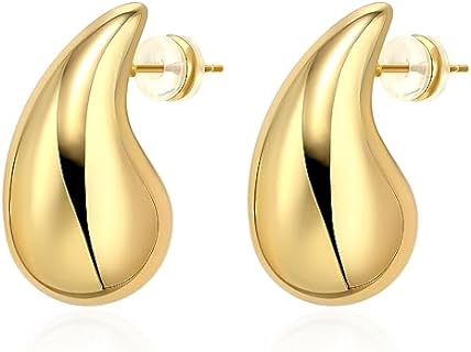 14K Gold Plated Push Back Earrings - LecAit Chunky Teardrop Design with Cubic Zirconia - Glamorous Drop Dangle for Women and Girls - Lightweight and Hypoallergenic Fashion Jewelry