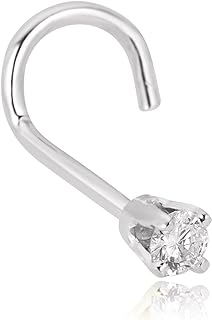 AVORA Elegant 14K White Gold Diamond Nose Ring, Prong-Set Diamond Nose Stud for Women and Men, Hypoallergenic Nose Screw Body Jewelry with 0.025 Carat Diamond