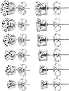 HOVEOX Alloy Clear Cubic Zirconia Stud Earrings with Push-Back Clasp, Simulated Diamond Design for Unisex Teens & Women - Hypoallergenic, Set of Six Pairs in Various Sizes