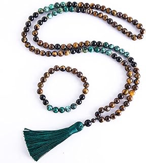 Tigers Eye 108 Mala Beaded Tassel Necklace with Copper Chain - Meditation Yoga Jewelry for Men and Women