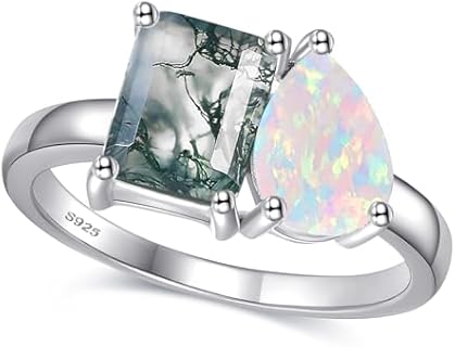 Woman's Elegant 14K Gold Plated 6x8mm Moss Agate & Pear Opal Promised Engagement Ring Set with Durable 925 Sterling Silver, Stackable Wedding Band Size 5-9