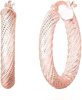 Savlano 925 Sterling Silver Diamond Cut Rose Hoop Earrings with Hinged Hoop for Women and Girls - Round Shape, 14K Plated