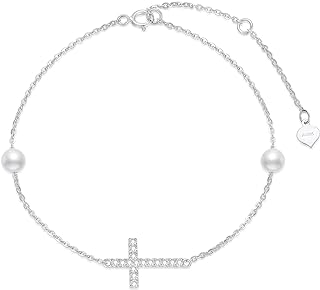 SISGEM 10k White Gold Cross Anklets for Women, Created Moissanite Religious Ankle Bracelet Jewelry Comfirmation Gifts for Her, 9.4-11 inch