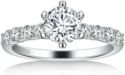 Moissanite Engagement Ring for Women 6 Prongs Round Cut 1CT Solitaire Ring 18K White Gold Plated S925 Sterling Silver D Color VVS1 Lab Created Diamond Promise Ring for Her