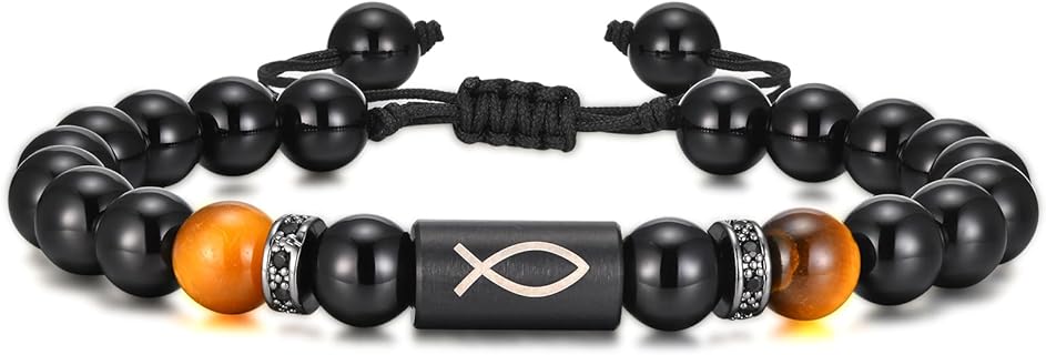 Slide Clasp Jesus Bead Bracelet with Braided Bead Chain, Ideal for Men and Women, Stainless Steel Inspirational WWJD Design, Tiger Eye & Black Agate Beads